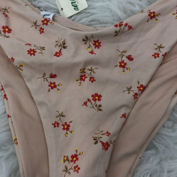 Aerie Womens‎ Bikini L Pink Floral Stretch Hi Cut Cheeky Coverage Bottom NWT - Picture 5 of 7